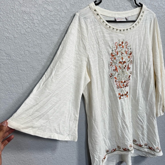 Belle Kim Gravel Embroidered Cream Tunic Top size large - Picture 3 of 5